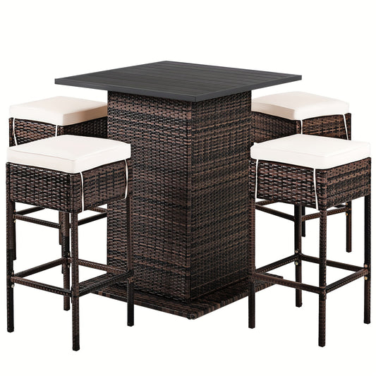 5pcs Rattan Patio Bar Set with Hidden Storage - Includes Table, 4 Stools & Waterproof Cushions - Weather-Resistant PE Wicker for Outdoor Gatherings, Shelf