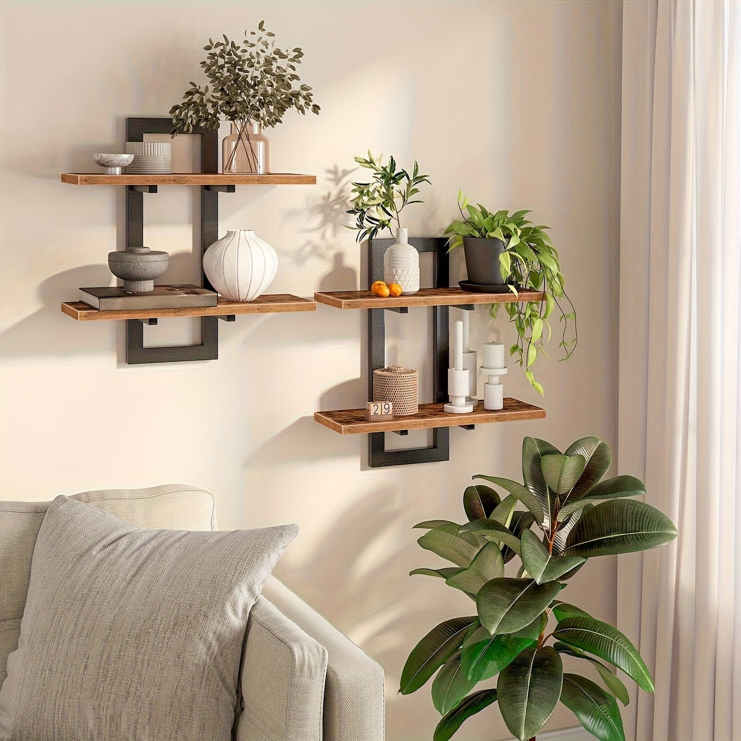 Set Of 2 Floating Shelves | 2 Tiers | Wall-Mounted Storage | For Bathroom, Living Room, Bedroom, And Kitchen