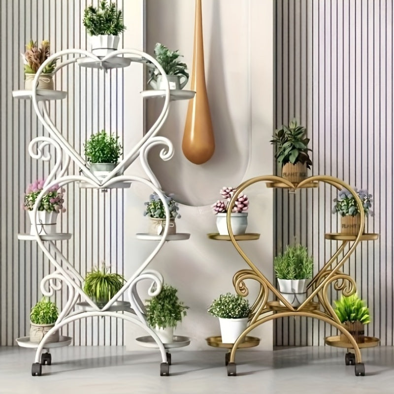 Contemporary Heart-Shaped Metal Plant Stand - Multi-Level Hanging Planter Shelf With Multiple Components, Versatile Indoor And Outdoor Floral Decor Display