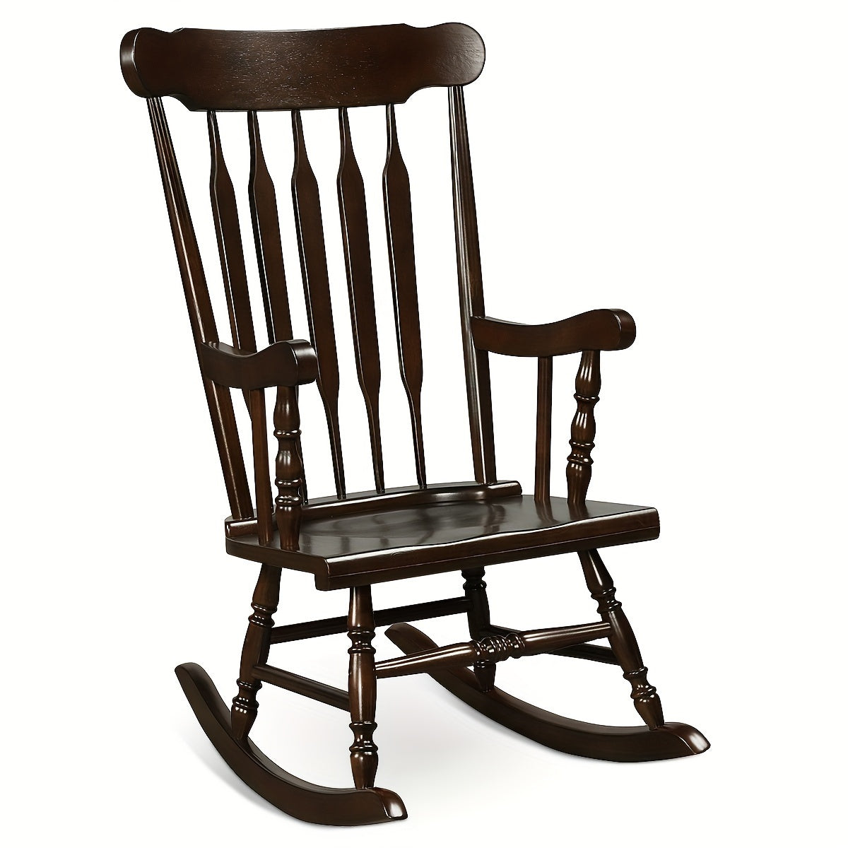 1pc Traditional Solid Wood Rocking Chair, Porch Rocker With Glossy Coffee Finish, Indoor/Outdoor Comfortable Seating, 300 Lbs Weight Capacity, 46.5" Height