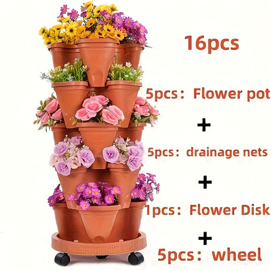 16pcs 5-Tier Stackable Vertical Garden Pots With Wheels | Durable Plastic Indoor/Outdoor Planters For Flowers, Herbs, Strawberries, Vegetables | Includes Flower Pots, Drainage Nets & Disk, Extra Large Flower Pots, Mobile Flower Pots, Wheeled Planters