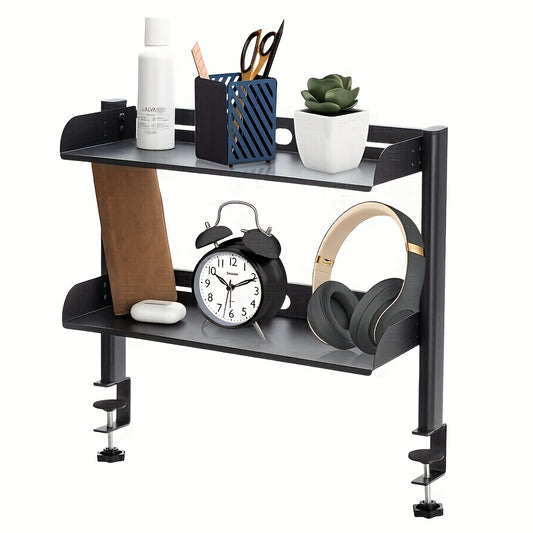 17inch Adjustable Clamp-On Desk Organizer - Dual Layer Metal Side Table, Easy Install, Space-Saving Storage For Office Supplies & Accessories