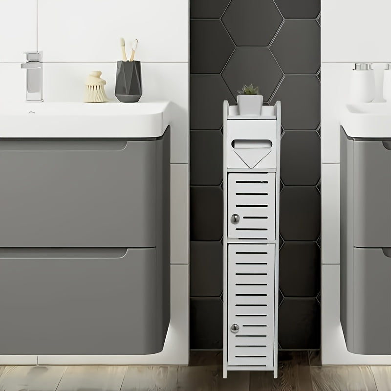 Slim White Wooden Bathroom Storage Cabinet with 2 Doors & Shelves