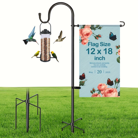 48" Heavy-Duty Adjustable Garden Flag Stand with 5-Prong Base, Metal Shepherd's Hook for Hanging Flags, Bird Feeders & Outdoor Decor - No Electricity Needed, Black, Garden Flags for Outside