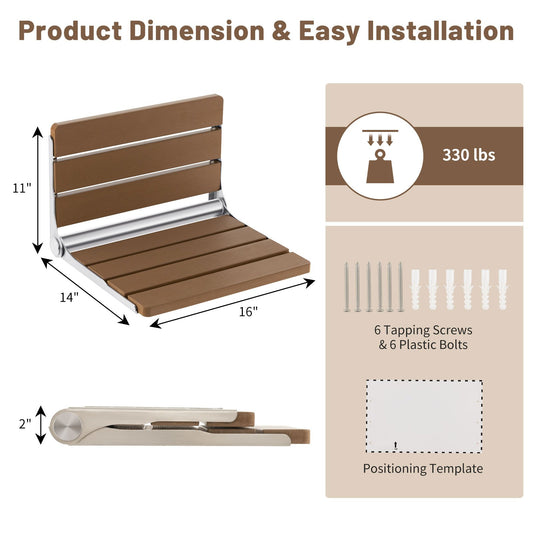 Space-Saving Folding Shower Bench - Sturdy Stainless Steel & HIPS, Wall-Mounted, Brown Wood Grain Design, Supports up to 330 lbs, Ideal for Seniors, Pregnant, Disabled with Easy Installation Kit, Shower Bench for Inside Shower