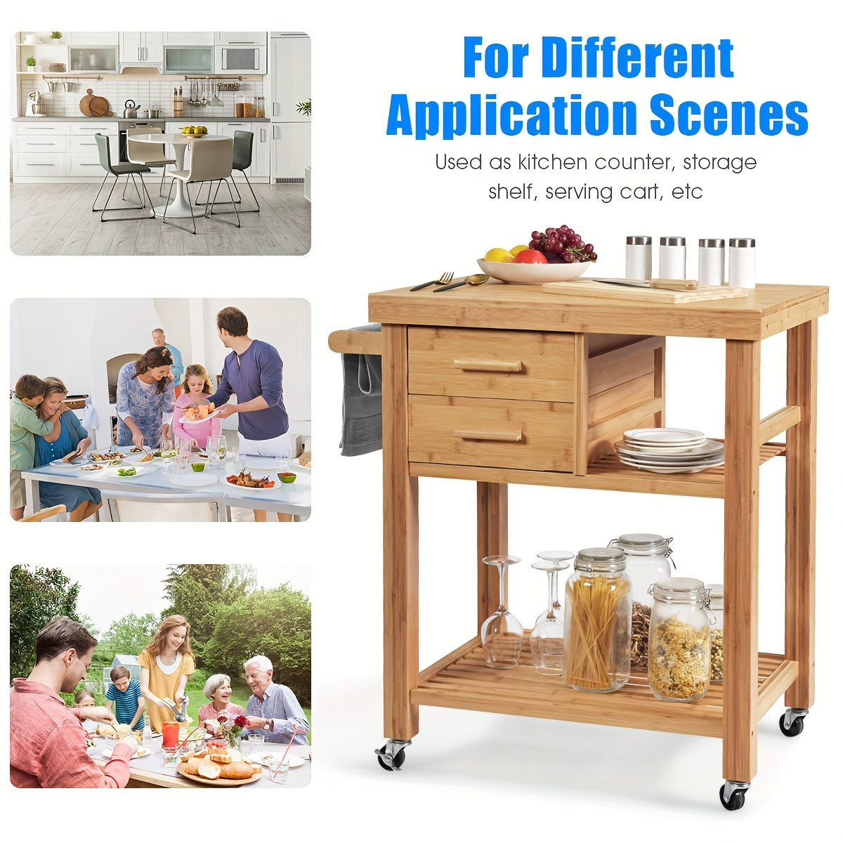 Bamboo Rolling Kitchen Trolley Cart With Towel Rack And Drawers, Classic Style, Portable Wood Island On Wheels, Versatile Storage For Home And Dining