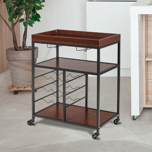 3 Tier Rustic Bar Cart, Industrial Rolling Bar Cart with Wine Racks & Glass Holders, Lockable Wheels, Wooden Mobile Beverage and Drink Carts with Metal Frame, for Home Kitchen, Rustic Brown