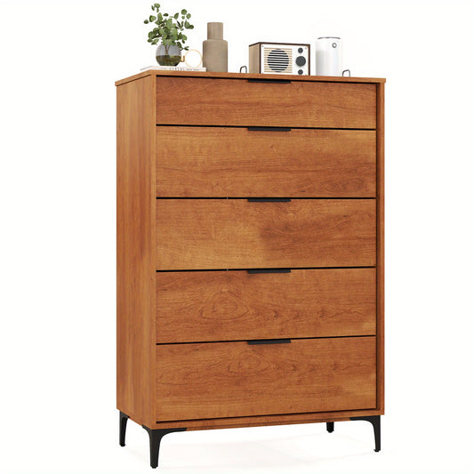 5-Drawer Dresser Mid-Century Modern Freestanding Chest with Sturdy Metal Legs & Interlock System, Cherry Finish Engineered Wood & MDF Organizer for Bedroom, Living Room, Hallway - Easy Assembly, Adjustable Feet, Anti-Tip Design