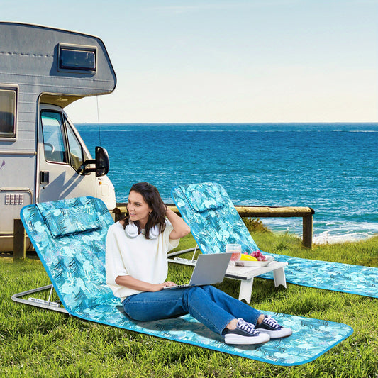 3-Piece Beach Lounge Chair Mat Set 2 Adjustable Lounge Chairs with Table Green