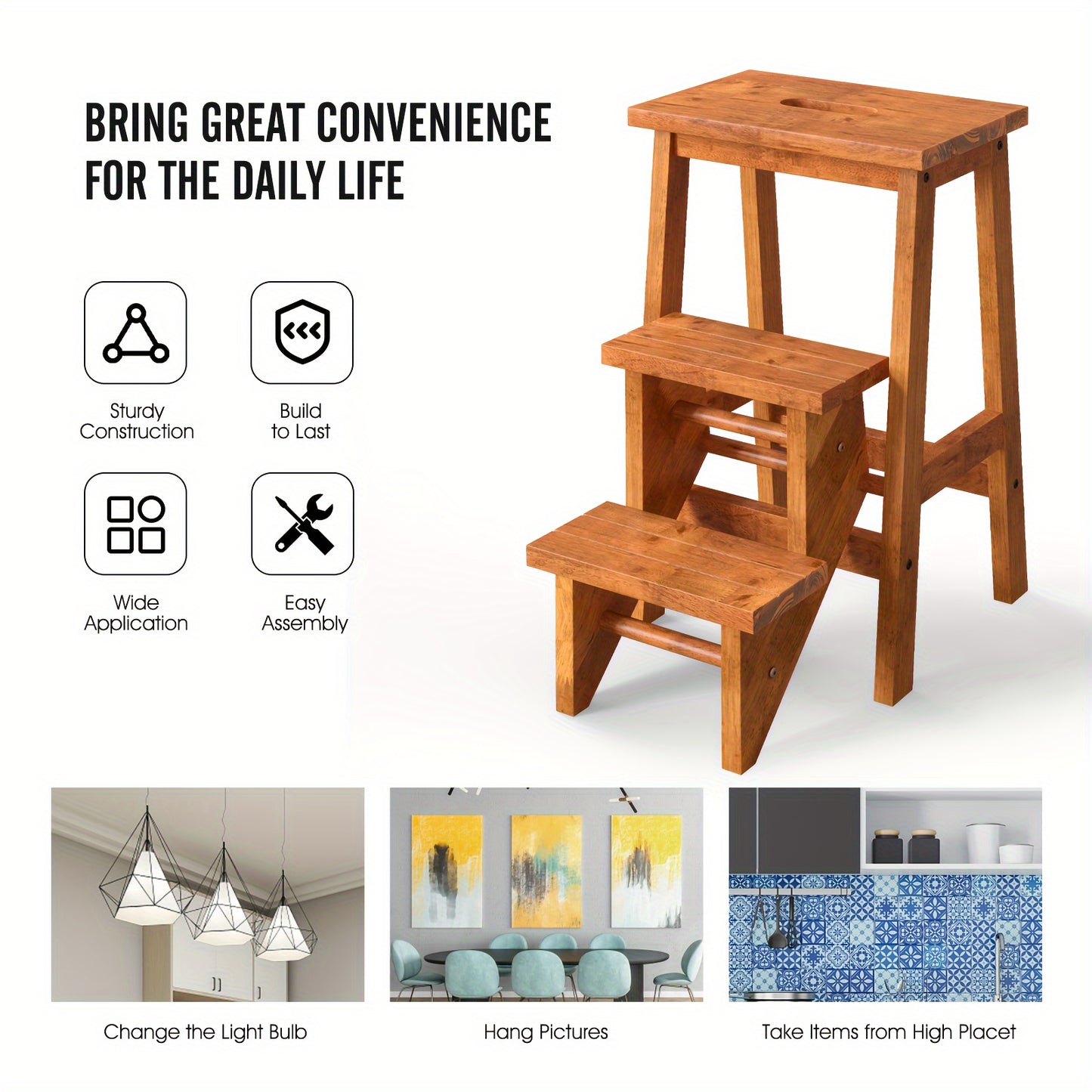 3-in-1 Folding Step Stool | 24" | Rubber Wood | Durable & Portable, Sturdy Ant-Slip Surface, 200 lbs Capacity Per Pedal | Home, Garage, or Garden Use | Rustic Wood | Secure Connection Joints