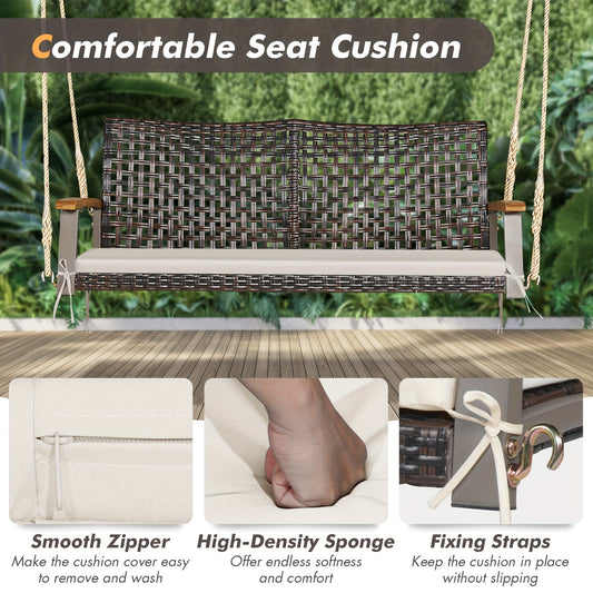 2-Person Patio Rattan Hanging Swing Chair Porch Loveseat Cushion White