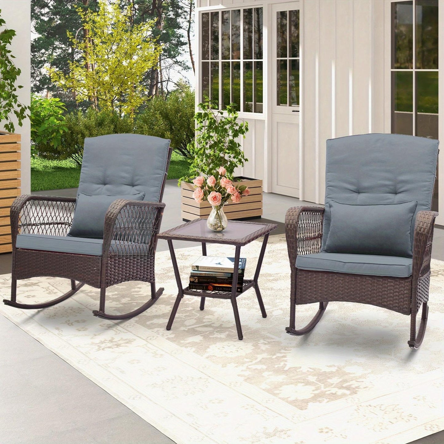 3pcs Patio Rocker Set, Outdoor Wicker Rocking Chairs w/ Double-Layer Coffee Table, Rattan Rocker Chair Set w/ Seat Back Cushions & Pillows, for Porch, Backyard, Poolside.