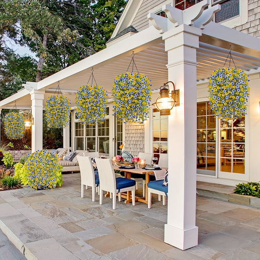 8pcs UV-Resistant Artificial Hanging Vines with Vibrant Blue & Yellow Flowers - Flexible Stems for Easy Shaping, No Maintenance Bohemian Chic Home Decor, Artificial Flowers for Home Decor, Garden Decor, Porch Embellishment, Easy Shaping Vines