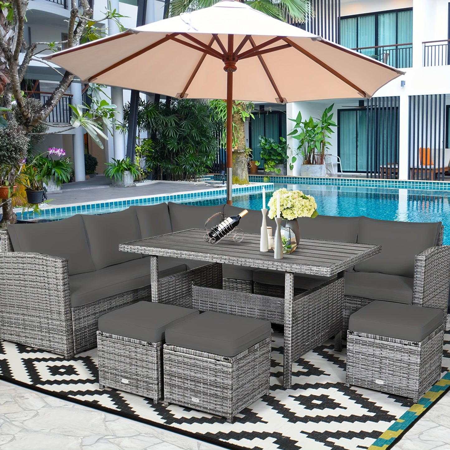 7pcs Patio Rattan Dining Set, Sectional Sofa Couch Ottoman For Garden Gray