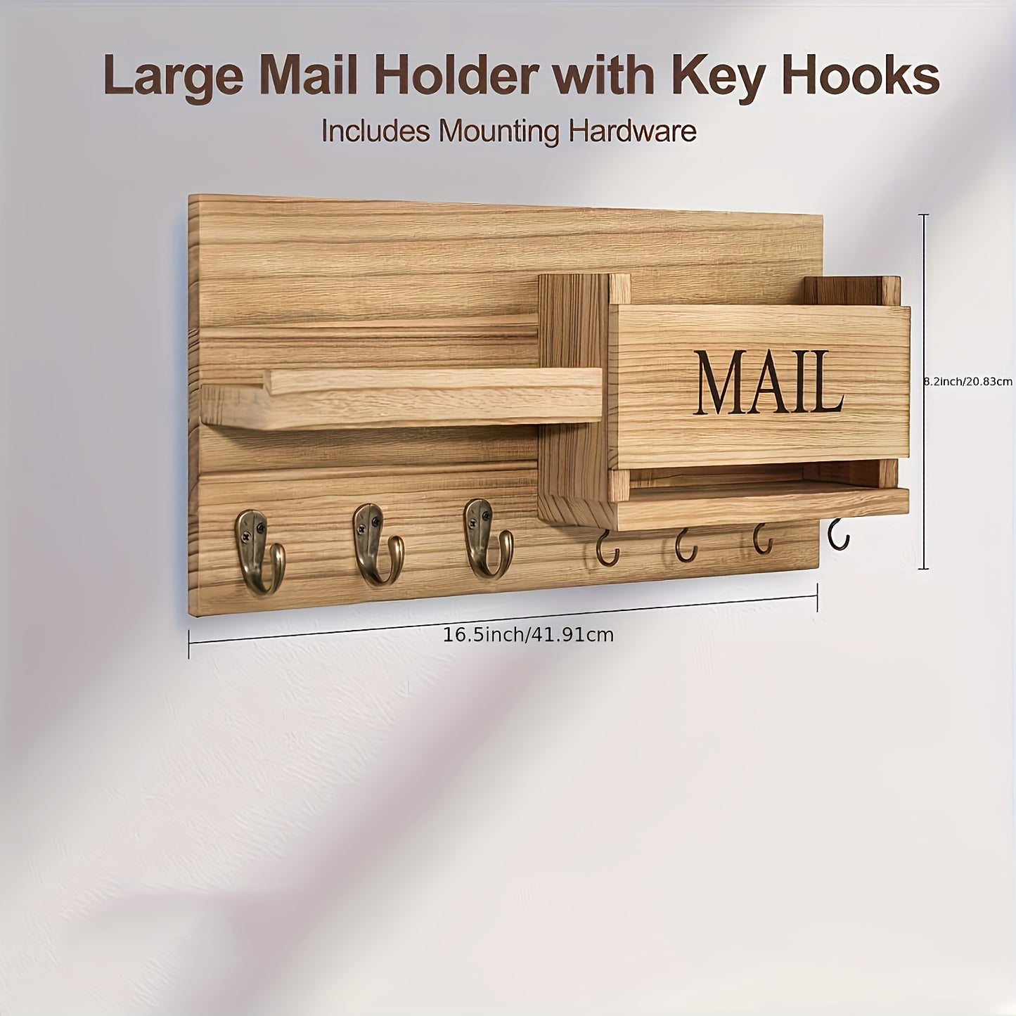 Rustic Solid Wood Wall-Mounted Organizer Shelf - Key Rack with Mail Slot & Multi-Hook Design, Floating Entryway Storage for Home Office, Recycled Wood Decorative Shelf for Keys, Letters, Small Essentials