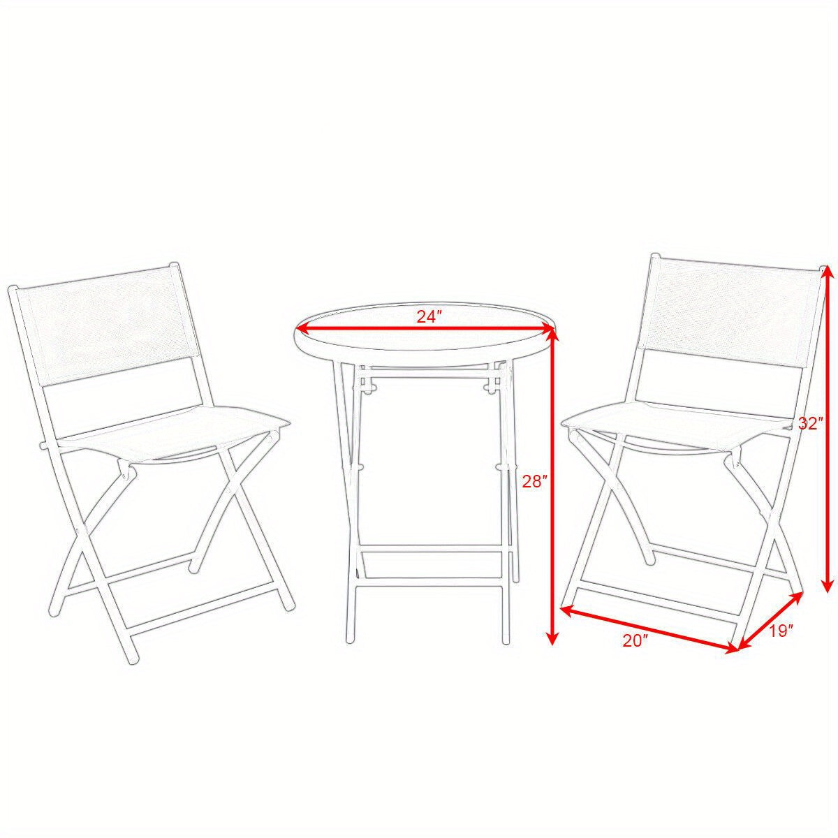 3pcs Elegant Folding Bistro Set with Black Tempered Glass Top - Durable Metal Frame & Textile Fiber Seats, Easy Clean - Ideal for Patio, Garden, Deck - No Assembly Required, Outdoor Patio Furniture