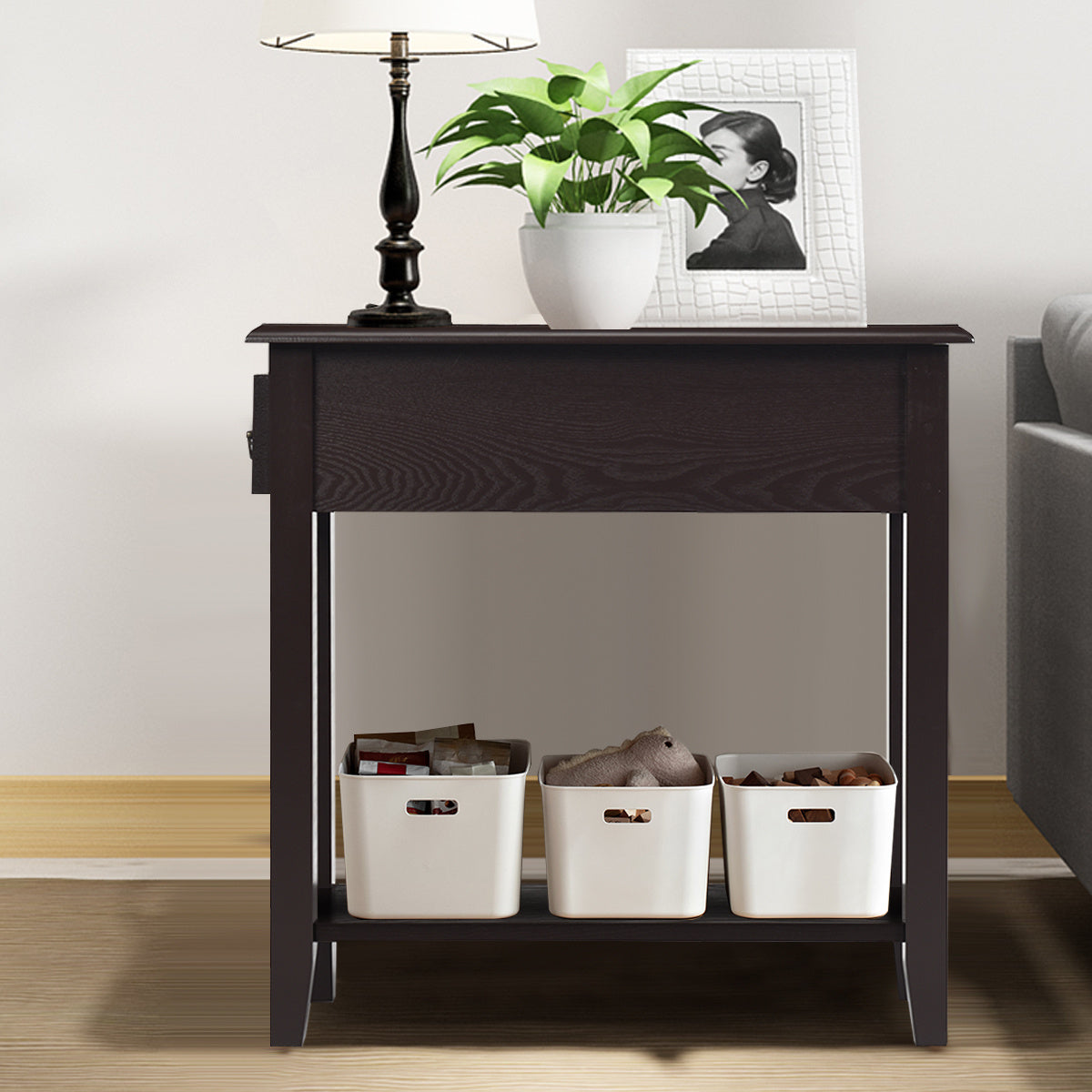 2-Tier COSTWAY Side Table - Storage Drawer, Lower Shelf, Easy Assembly, Sturdy Rubber Wood Legs for Small Spaces (Bedroom, Living Room, Entryway)