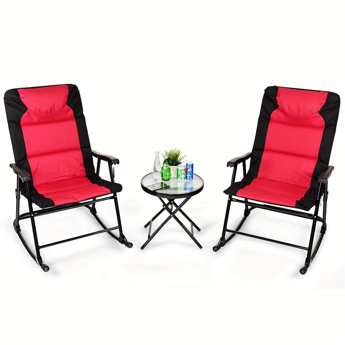 2pcs Rocking Chairs With Cushions & 1pc Glass Top Table, 3pcs Folding Bistro Set, Steel Garden Furniture In Red, Outdoor Patio Set, Space-Saving & Comfort Design, 42.0"x33.0"x27.0" Chairs, 19.0"x20.0" Table