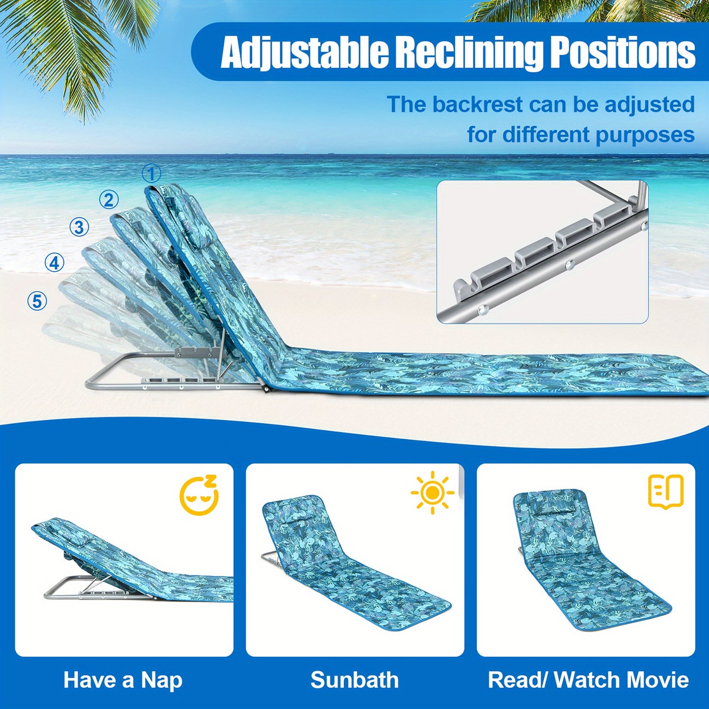 3-Piece Beach Lounge Chair Mat Set 2 Adjustable Lounge Chairs with Table Green