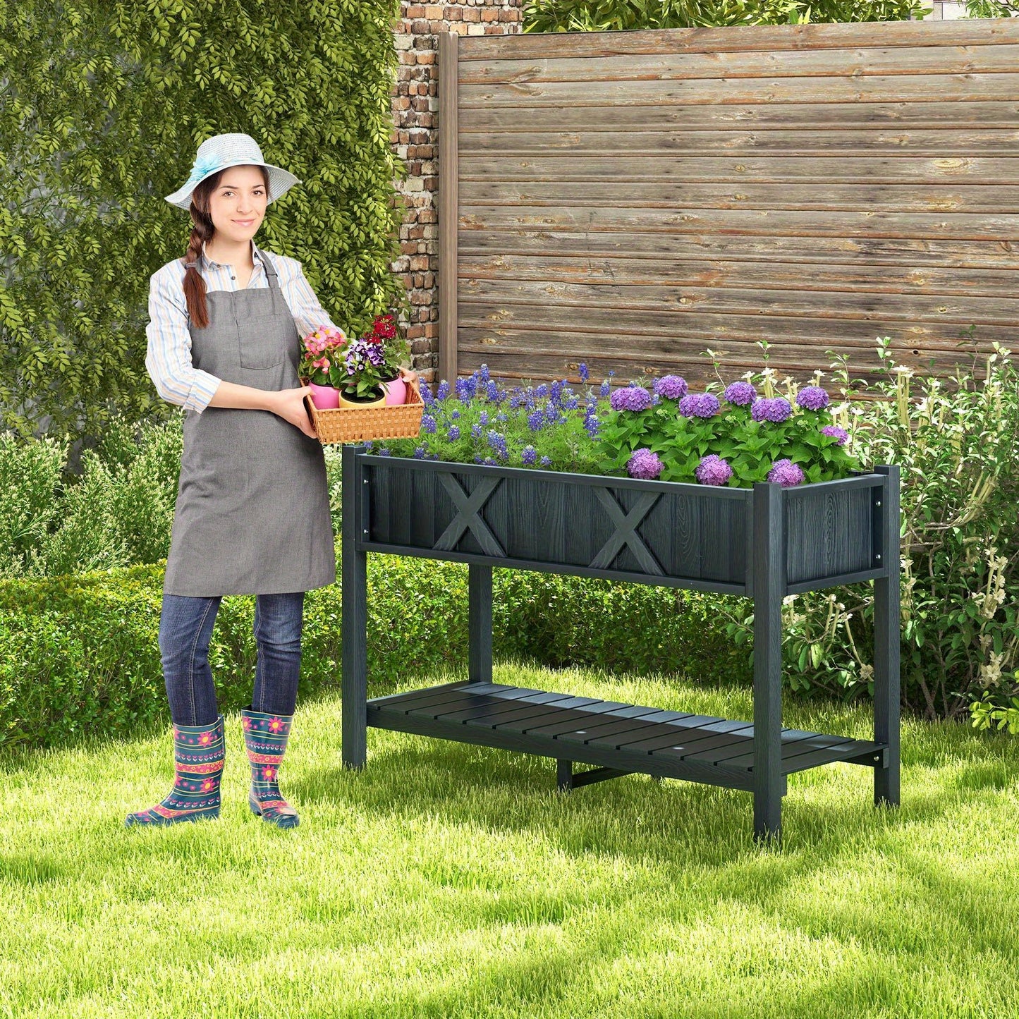 HIPS Raised Garden Bed Poly Wood Elevated Planter Box w/ Legs, Storage Shelf