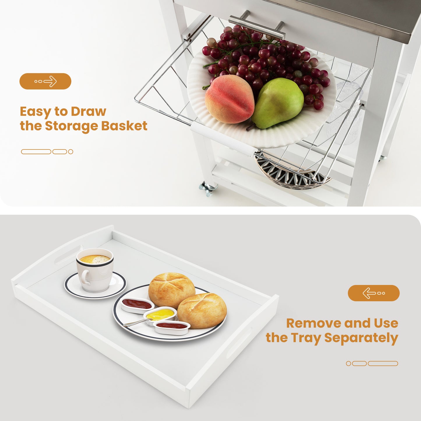 Kitchen Island on Wheels, Rolling Kitchen Cart with Stainless Steel Countertop, Slide-out Metal Wire Basket, Serving Tray, Lockable Casters, Utility Storage Trolley for Kitchen, Dining Room