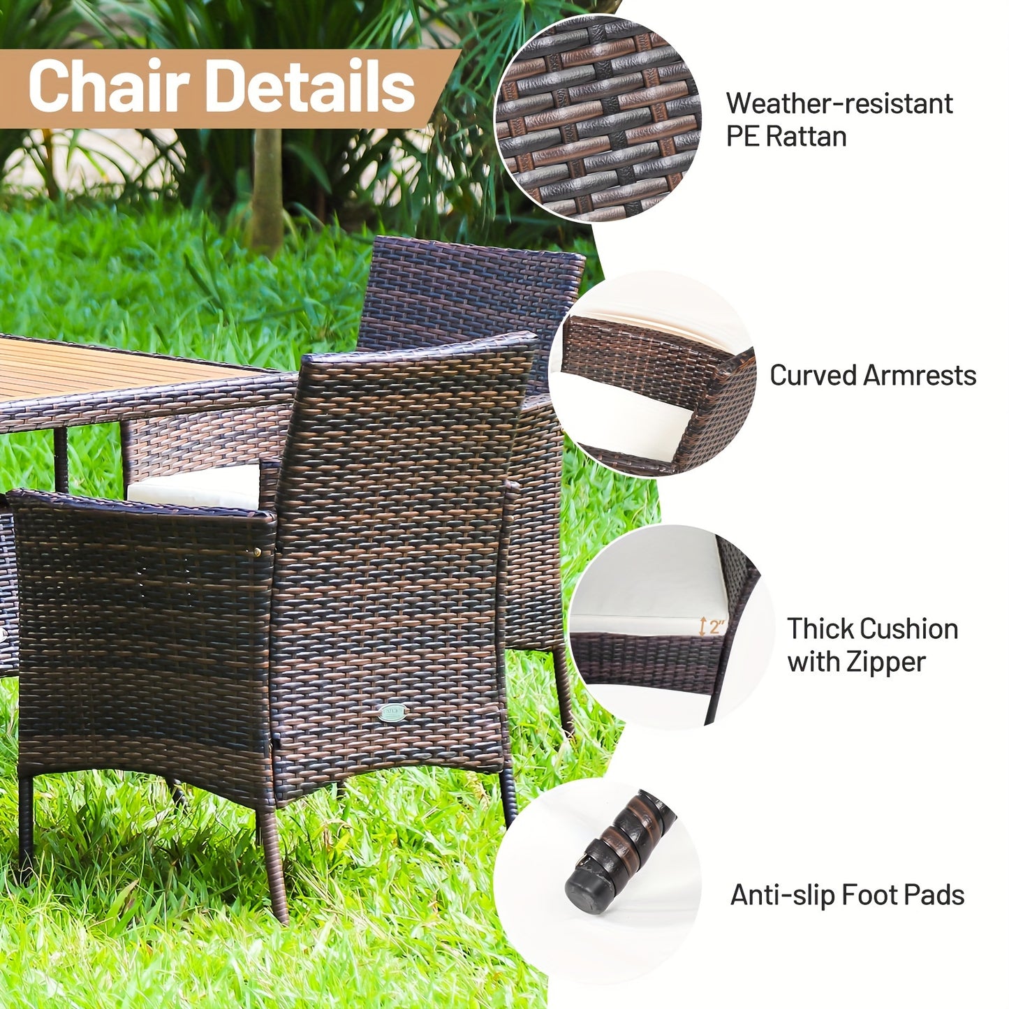 5pcs Patio Dining Set with Acacia Wood Table and PE Rattan Arm Chairs, Mixed Brown & Off White, Patio Dining Table Set, Wooden Table Top