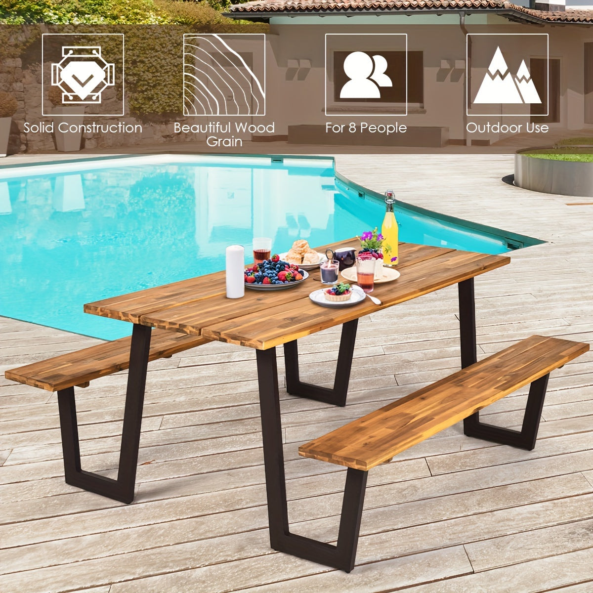 Picnic Table Bench Set Outdoor Camping Wooden 2 Benches w/Umbrella Hole Patented