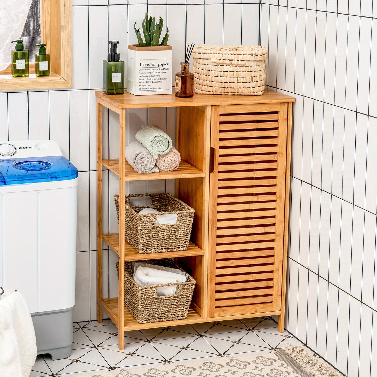 Bathroom Cabinet Bamboo Storage Floor Cabinet w/ Single Door & 3 Open Shelves