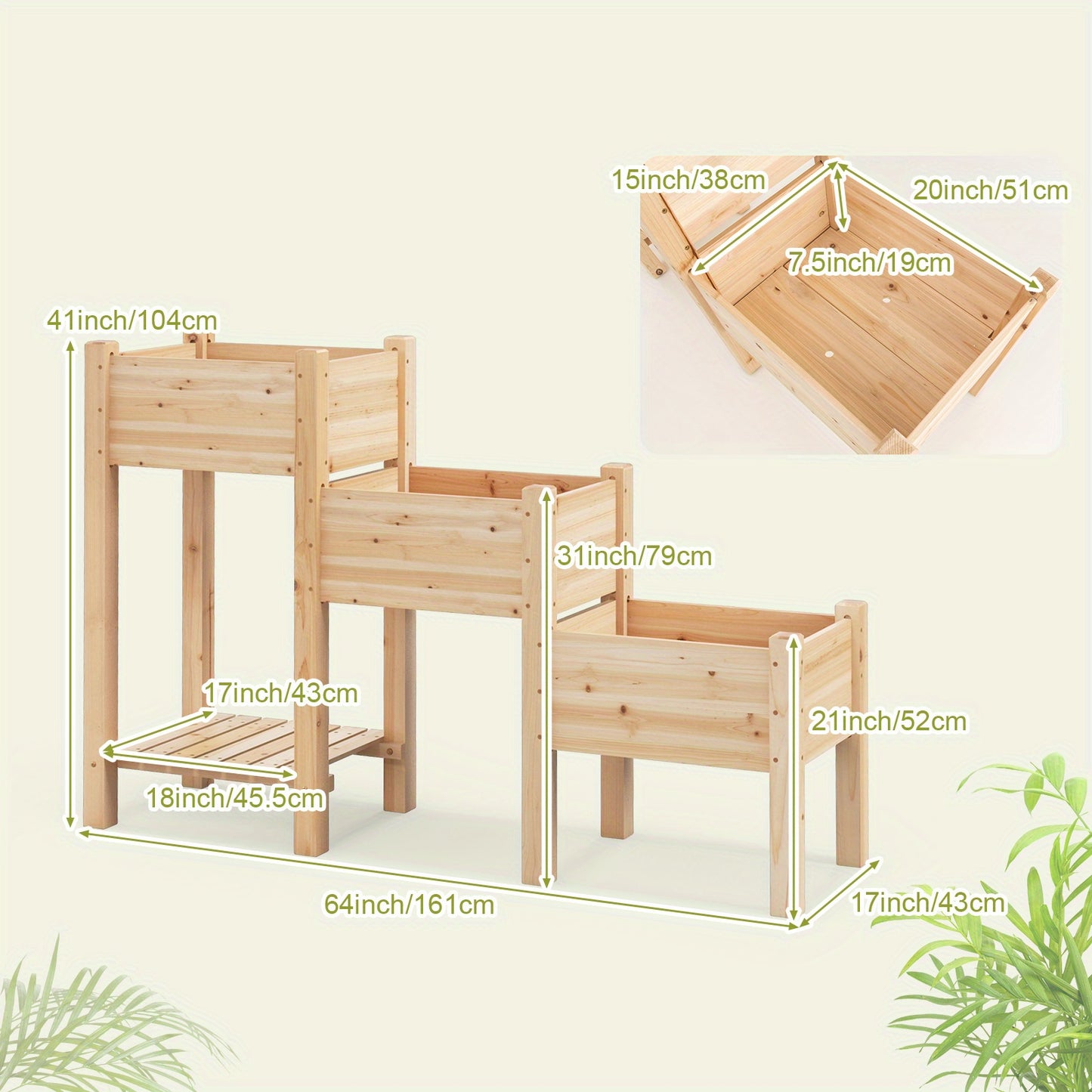 3-Tier Raised Wooden Garden Bed with Drainage System & Open Storage Shelf - Natural Fir Wood Planter Boxes for Flowers, Vegetables, and Herbs - Spacious Outdoor Gardening Solution for Easy Plant Care