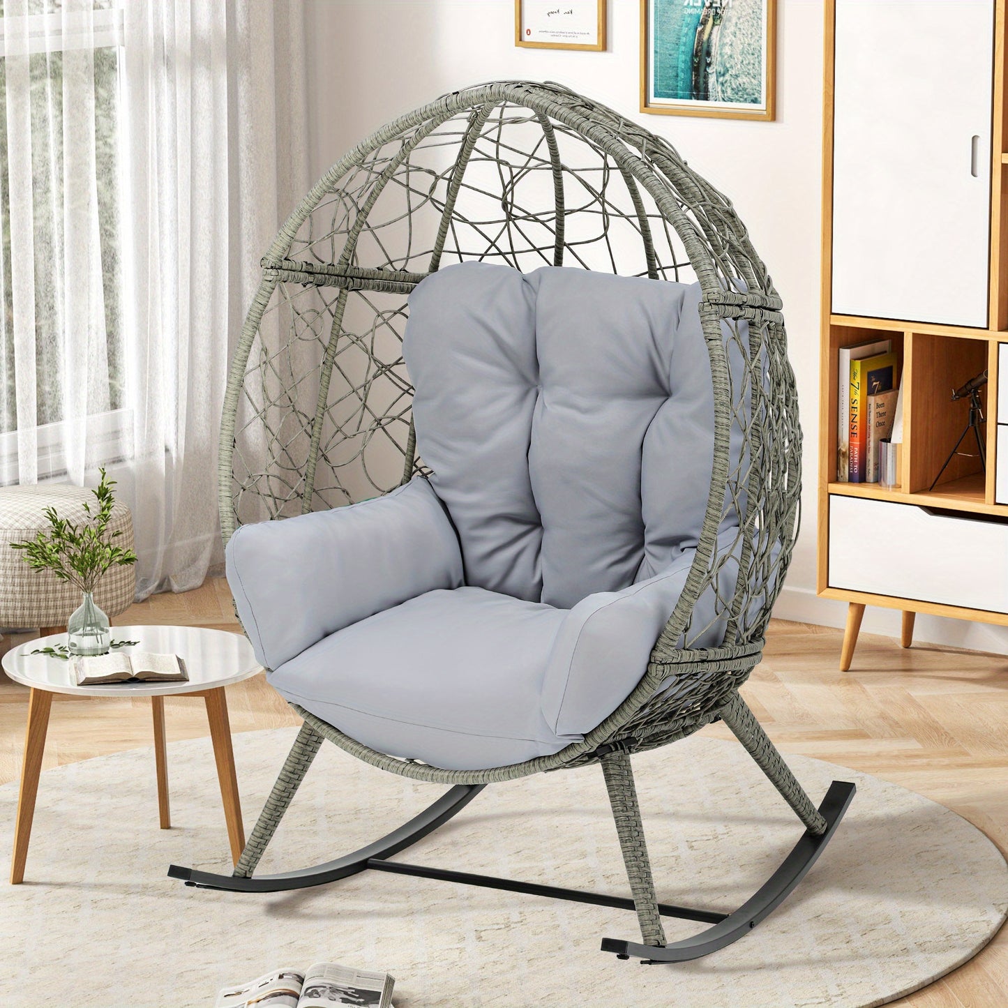 Outdoor Rocking Egg Chair with Cushion, PE Rattan Patio Rocker 250lb Capacity, Anti- Slip, Rocking Patio Chair