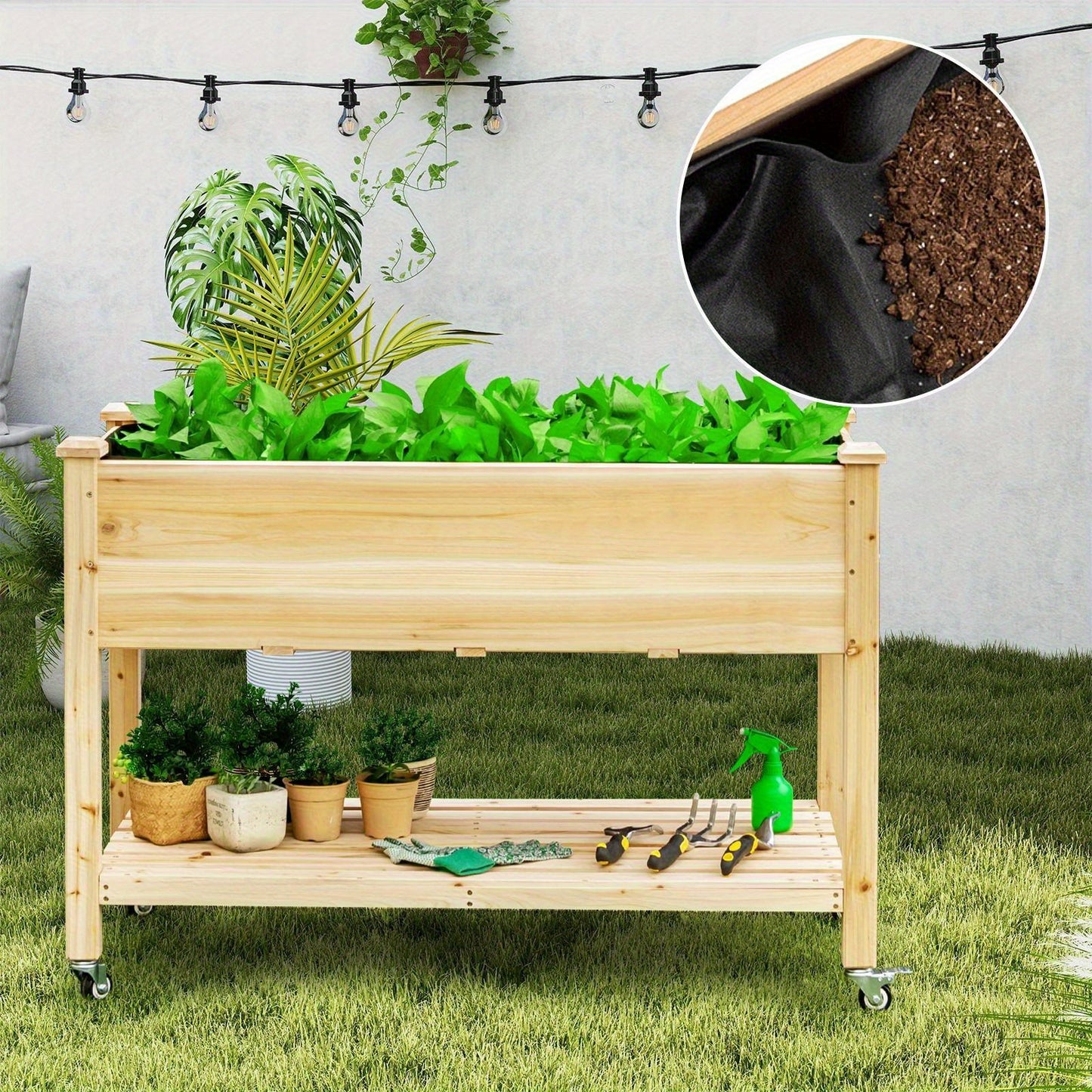 Elevated Mobile Wooden Garden Bed on Lockable Wheels, Versatile Free-Standing Planter Box for Flowers, Ideal for Patio Spaces, Multi-Purpose Vegetable Bed with Integrated Storage Shelf, Natural