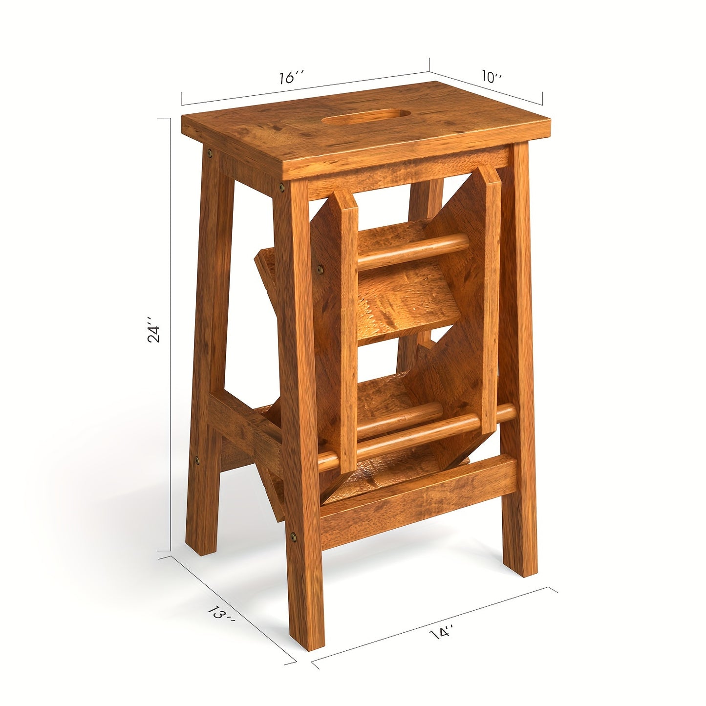 3-in-1 Folding Step Stool | 24" | Rubber Wood | Durable & Portable, Sturdy Ant-Slip Surface, 200 lbs Capacity Per Pedal | Home, Garage, or Garden Use | Rustic Wood | Secure Connection Joints