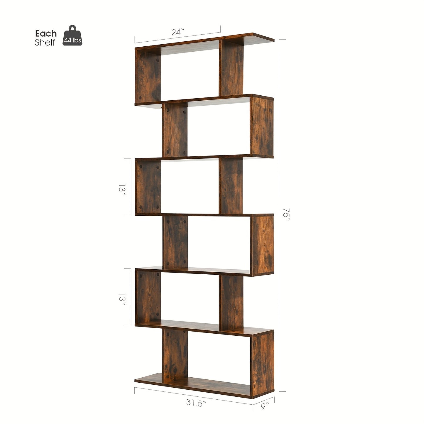 6-Tier S-Shaped Bookshelf - Modern Hardwood Display Shelving Unit with Anti-Tip Design, 75" Height, 44 lbs Weight Capacity, Perfect for Living Room, Study, or Bedroom Decor, Bookshelf Decorations