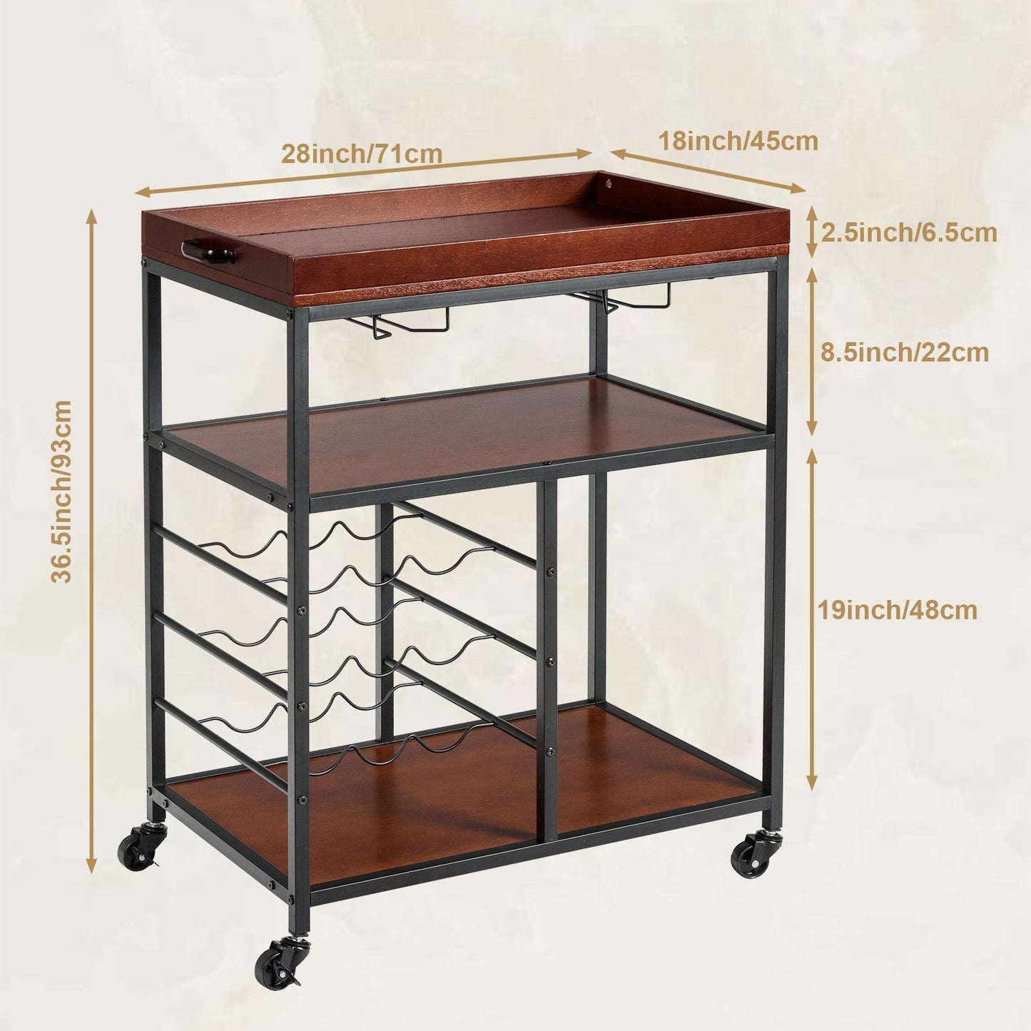 3 Tier Rustic Bar Cart, Industrial Rolling Bar Cart with Wine Racks & Glass Holders, Lockable Wheels, Wooden Mobile Beverage and Drink Carts with Metal Frame, for Home Kitchen, Rustic Brown