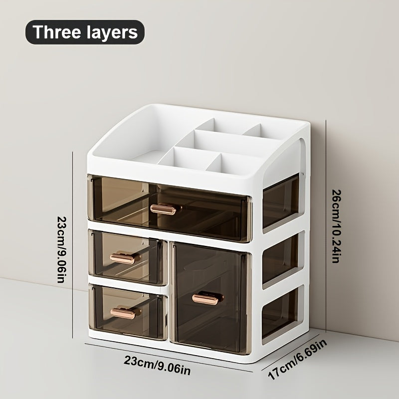 Elegant 3/4-Tier Polished Plastic Cosmetic Organizer for Women - Hypoallergenic, Dustproof Makeup & Skincare Storage Case with Drawers, Large Capacity Display for Perfume, Creams, Masks - No Assembly Required
