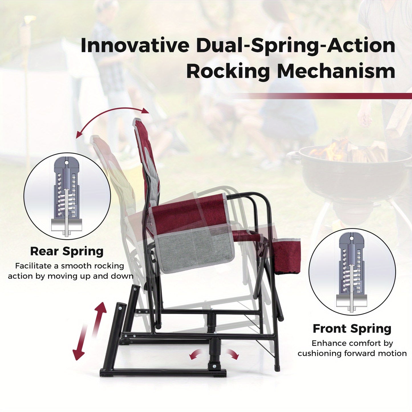 Outdoor Rocker Camping Chair for Adults, Portable Foldable Rocking Chair w/ Dual Springs, Padded Back, Armrests, Cup Holder, Storage Pocket, Heavy-Duty Arm Chair for Beach Patio Travel Picnic.