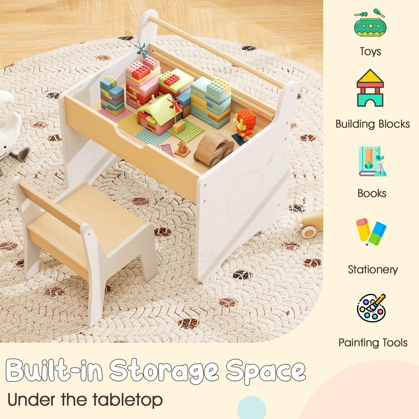 Kids Table and Chair Set, Wooden Activity Desk and Chair Set with 2in 1 Detachable Tabletop, Storage and Paper Roll Holder for Classroom, Home, Nursery and Playroom, Natural White