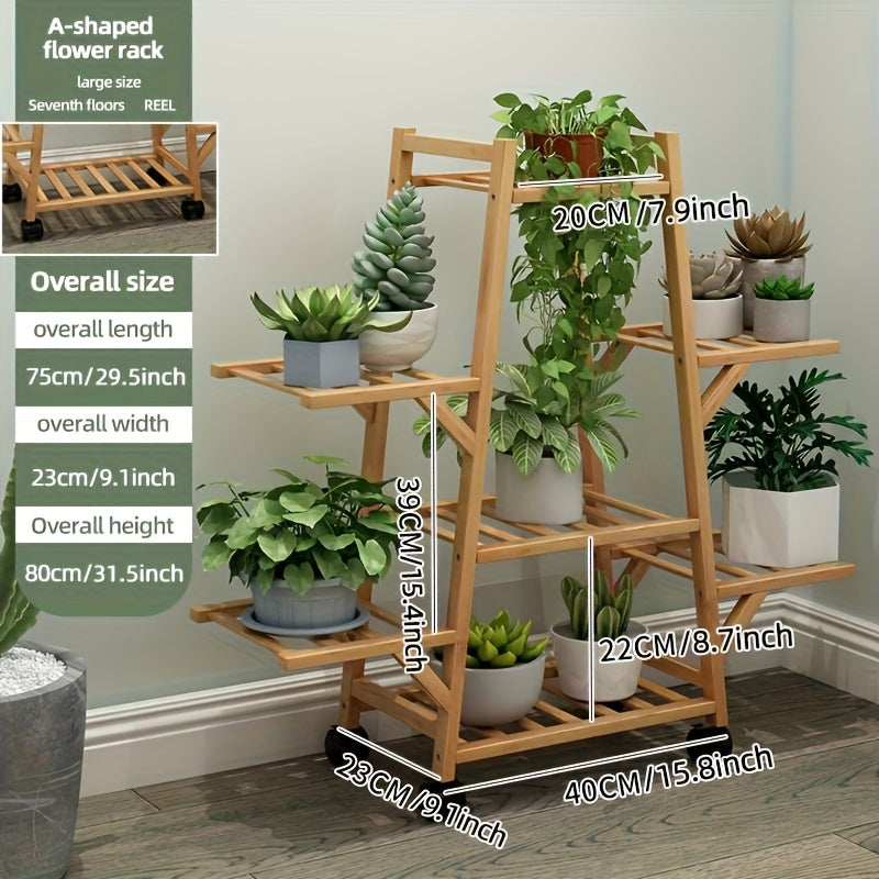 3-Tier Wooden Plant Stand with Wheels - Mobile Indoor/Outdoor Rolling Shelf for Potted Plants, Space-Saving A-Frame Design, Rustic Home Decor & Gardening Tool Organizer, Durable Wooden Construction