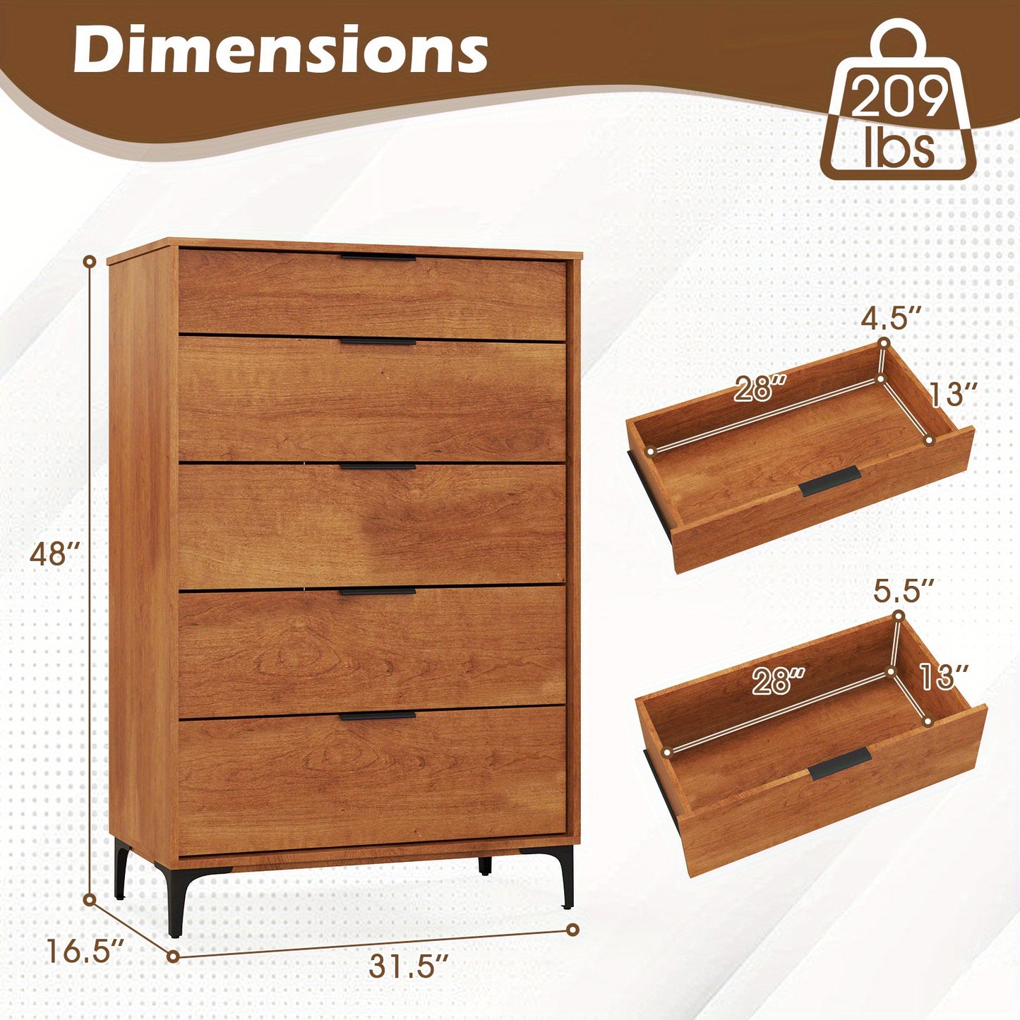 5-Drawer Dresser Mid-Century Modern Freestanding Chest with Sturdy Metal Legs & Interlock System, Cherry Finish Engineered Wood & MDF Organizer for Bedroom, Living Room, Hallway - Easy Assembly, Adjustable Feet, Anti-Tip Design