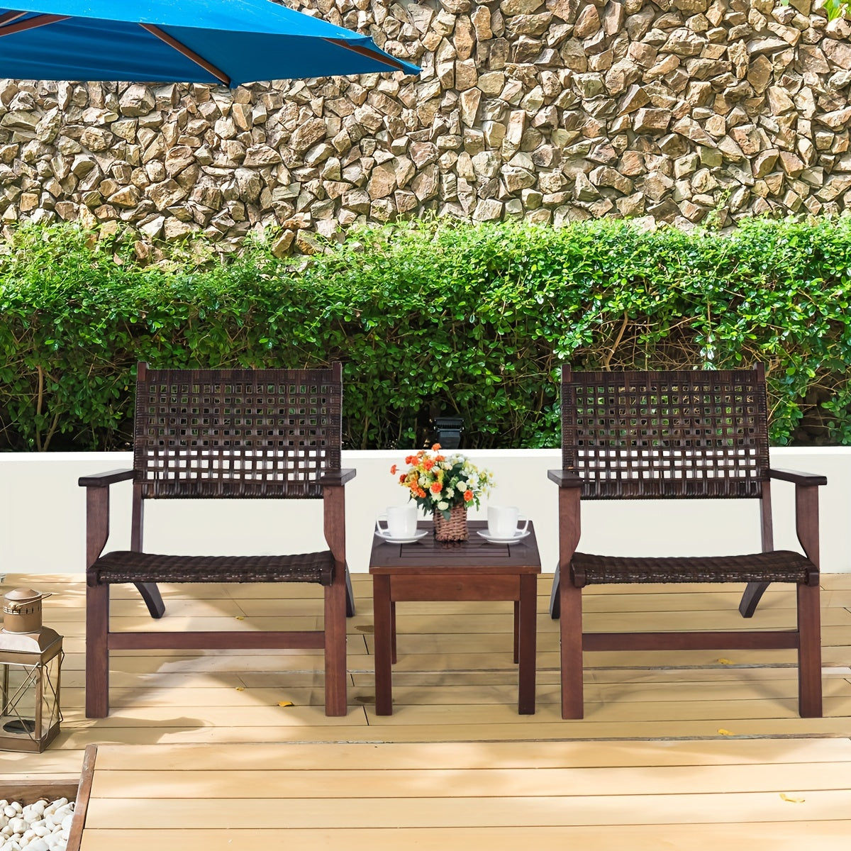 3pcs Outdoor Patio Rattan Furniture Set, Solid Wood Frame Chair And Coffee Table
