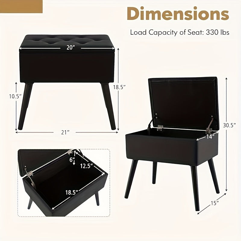 20" Ottoman With Storage - Makeup Vanity Bench With Flip Top Storage, Wood Legs, Upholstered Tufted Storage Ottoman Side Table, Footrest Entryway Stool For Bedroom Living Room.