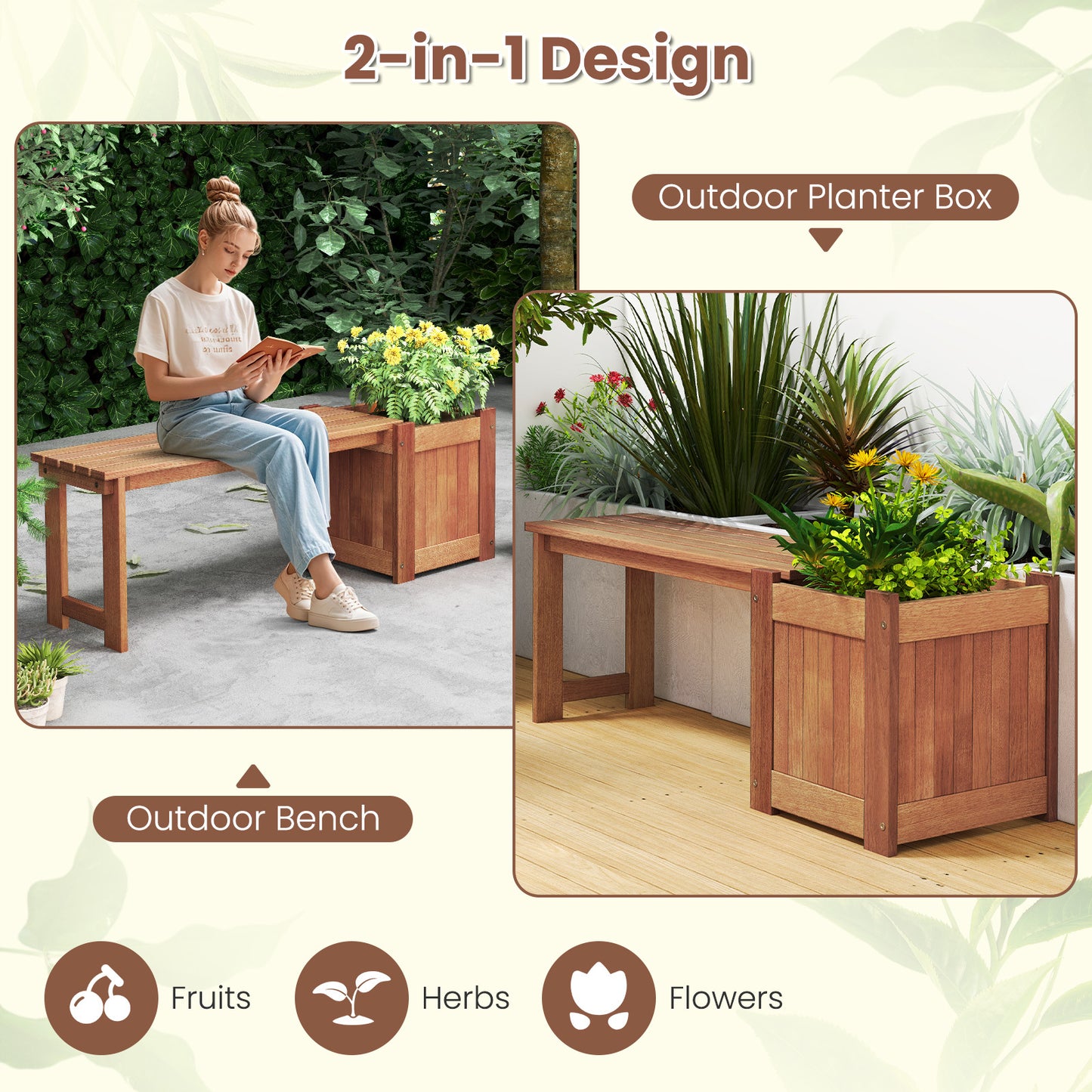 Hardwood Flower Box w/ Bench, Outdoor Raised Garden Bed w/ Spacious Seat, Open-ended Bottom, Perfect for Herbs, Fruits, Vegetables, 2-in-1 Planter Bench for Patio, Backyard, Garden