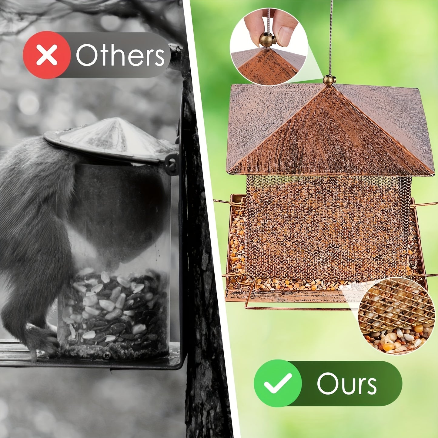 1pc Rustic Metal Bird Feeder with Squirrel Guard - Heavy-Duty Hanging Wild Bird Feeder for Garden, Patio, Backyard - No Electricity or Batteries Required, Outdoor Decorative Wildlife Feeding Station, Bird Feeders for Outside
