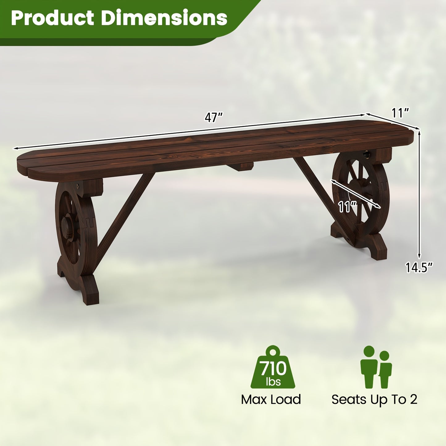 Patio Wood Bench, Outdoor Rustic Wagon Wheel Bench, 2-Person Wooden Outdoor Bench For Patio, Garden, Porch, Park, 710 Lbs Weight Capacity, Brown