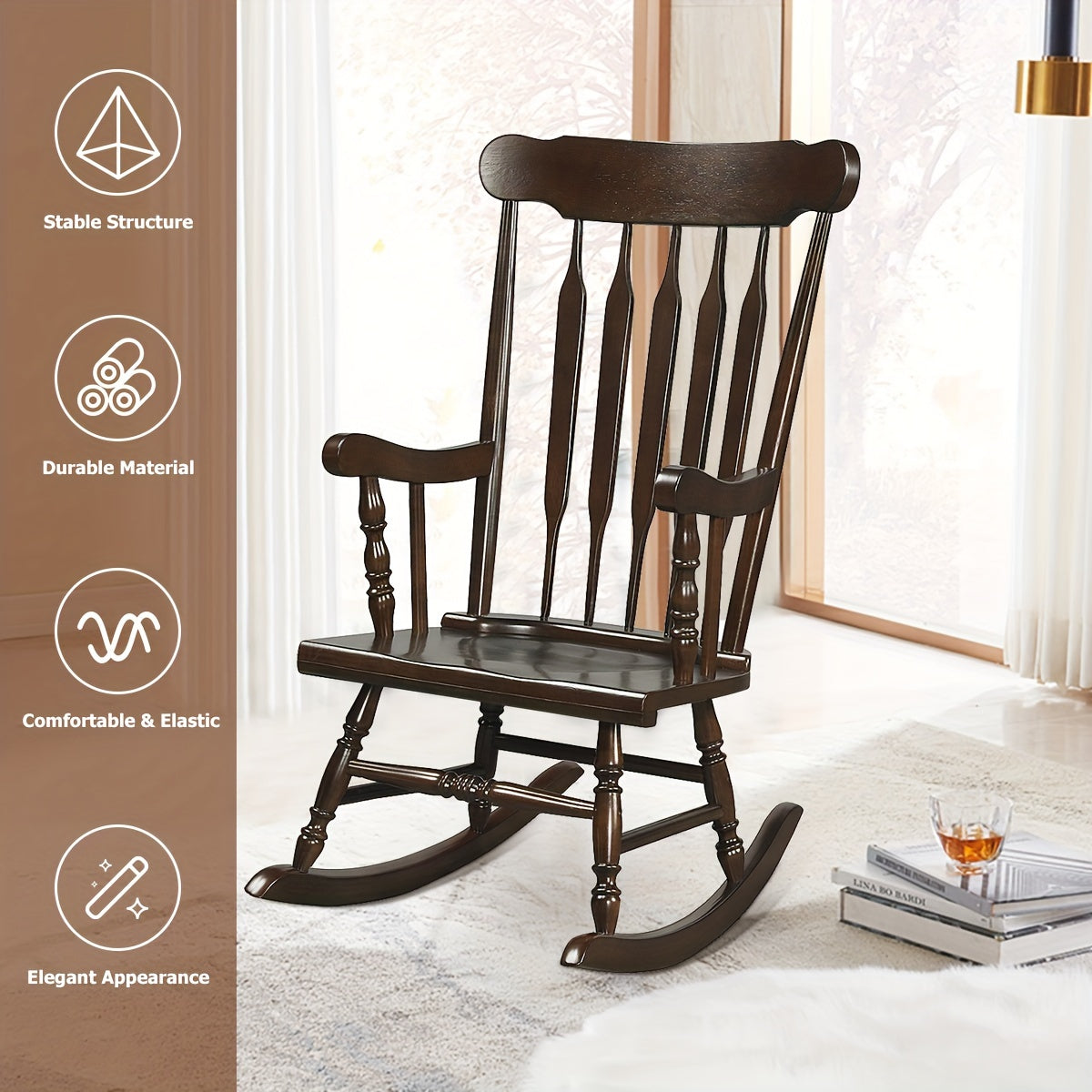 1pc Traditional Solid Wood Rocking Chair, Porch Rocker With Glossy Coffee Finish, Indoor/Outdoor Comfortable Seating, 300 Lbs Weight Capacity, 46.5" Height