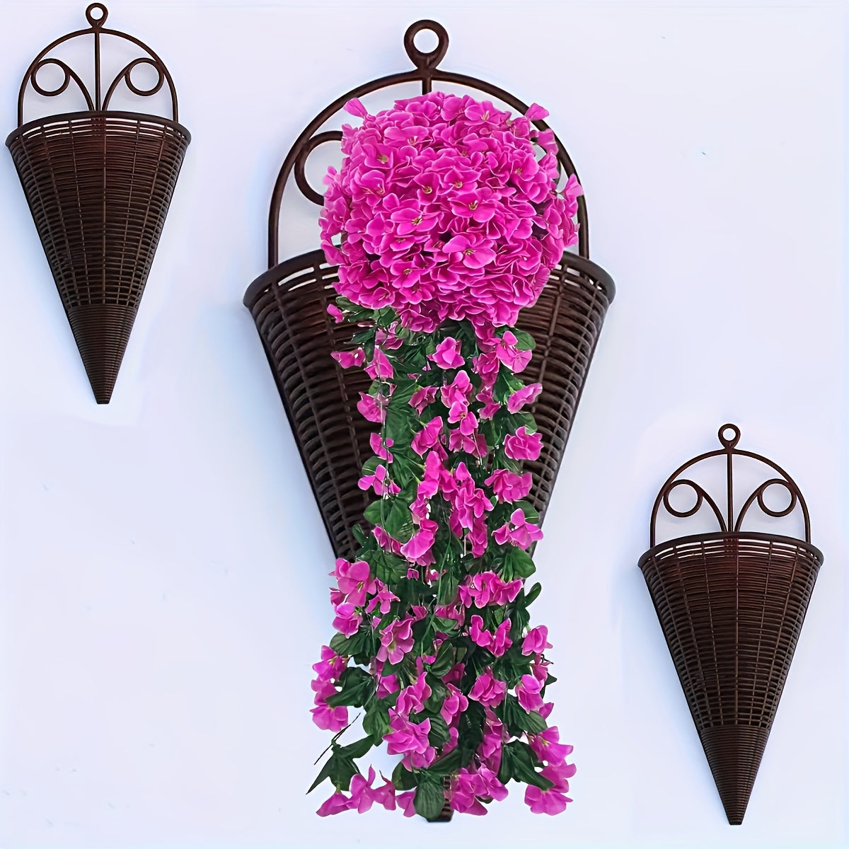 16pcs Rattan-Style Woven Wall Hanging Planters - Lightweight Plastic Cone-Shaped Flower Baskets with Decorative Metal Rings, Indoor/Outdoor Wall-Mounted Vases for Balcony, Garden & Patio Decor