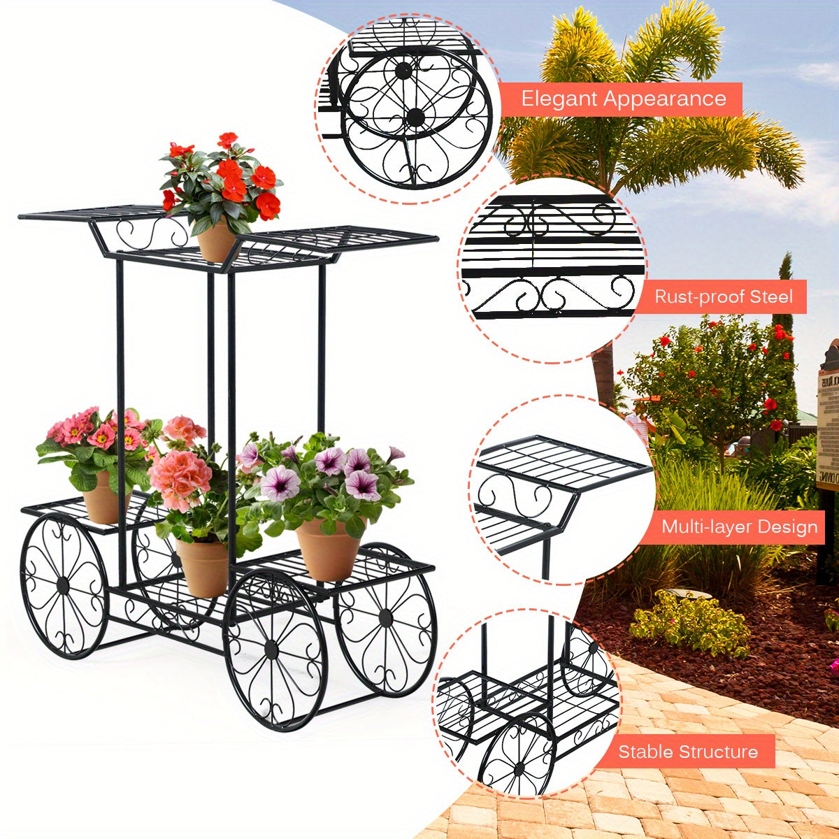 Metal Garden Cart Stand, Flower Rack Display Decor Flower Pot Plant Holder, 6 Tiers Flower Pot Display Rack Perfect for Home, Garden, Patio, Heavy Duty Freestanding Outdoor/Indoor Garden Shelf Black