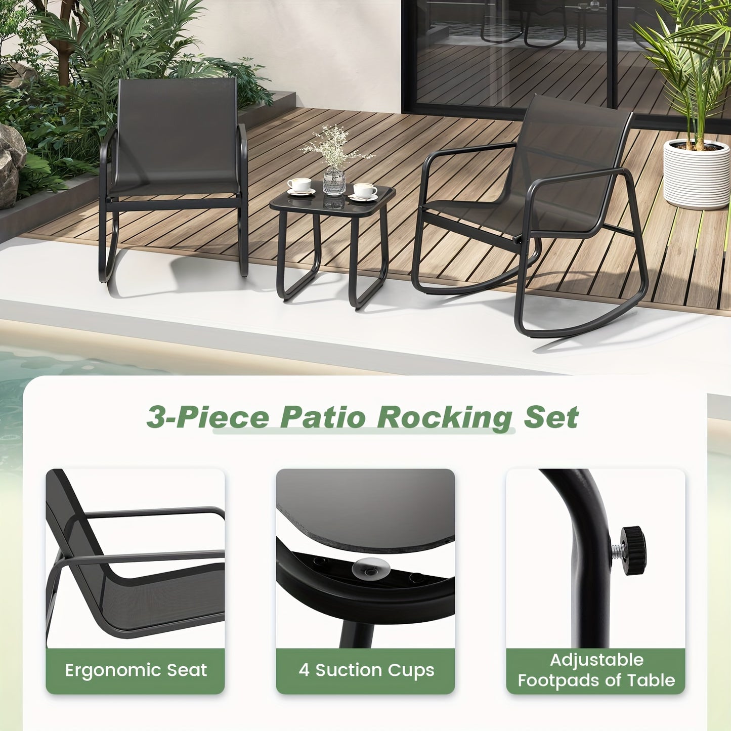 3pcs/set COSTWAY Patio Rocking Chairs Set - 2 Rocking Bistro Chairs & Glass-Top Table For Porch