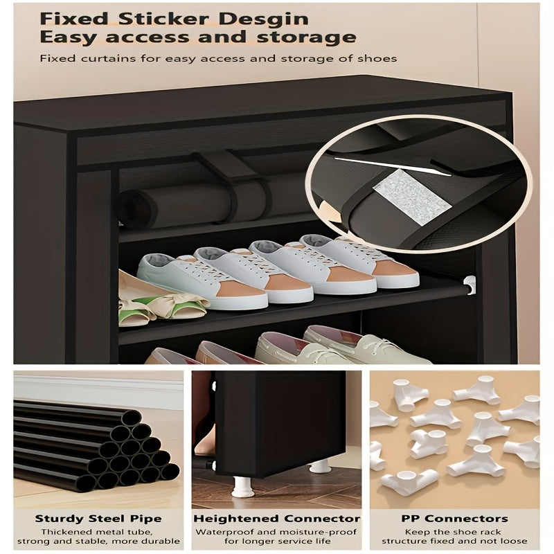 10-Tier High Capacity Shoe Rack with Dust Cover, Space-Saving Design, Easy Assembly, Durable Plastic & Metal Construction, Perfect for Home Entryways and Closets, Holds Up to 8.82LB, Black, Shoe Storage Organizer