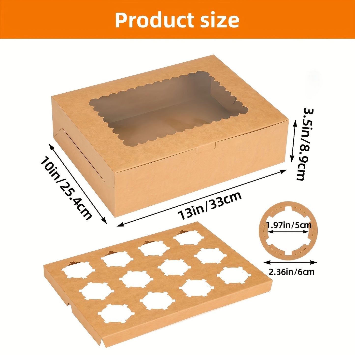 24/48/96pcs Brown Cupcake Containers - Kraft Bakery Carrier Boxes with Windows, Holds 12pcs Cupcakes, 13x10x3.5in, Includes Cardboard Inserts, Perfect for Christmas Gift Boxes, Muffins And Pastries